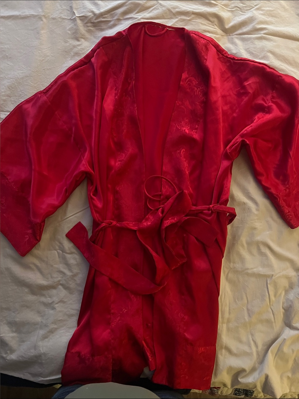 Silky Red Satin Wrap Robe with Self-Tie Belt